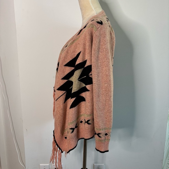 Peace Dove Pink Aztec Print Metallic Fringe Knit Cardigan Sweater Small Boho - Picture 5 of 10
